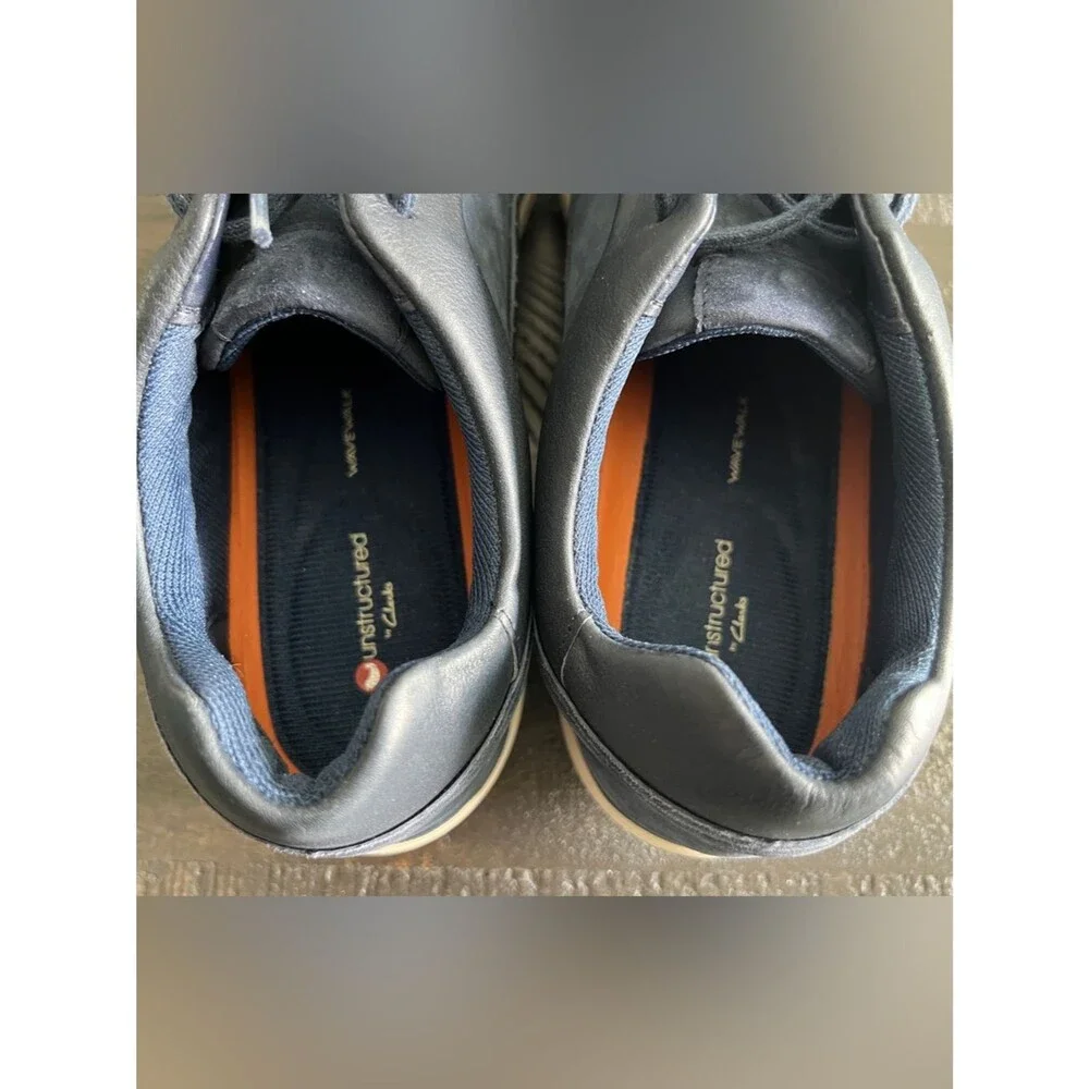 Clarks Unstructured Navy Leather Walking Sneakers Quiet Luxury Comfort Shoes 11